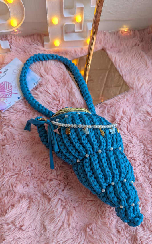 Handmade blue conch crochet bag