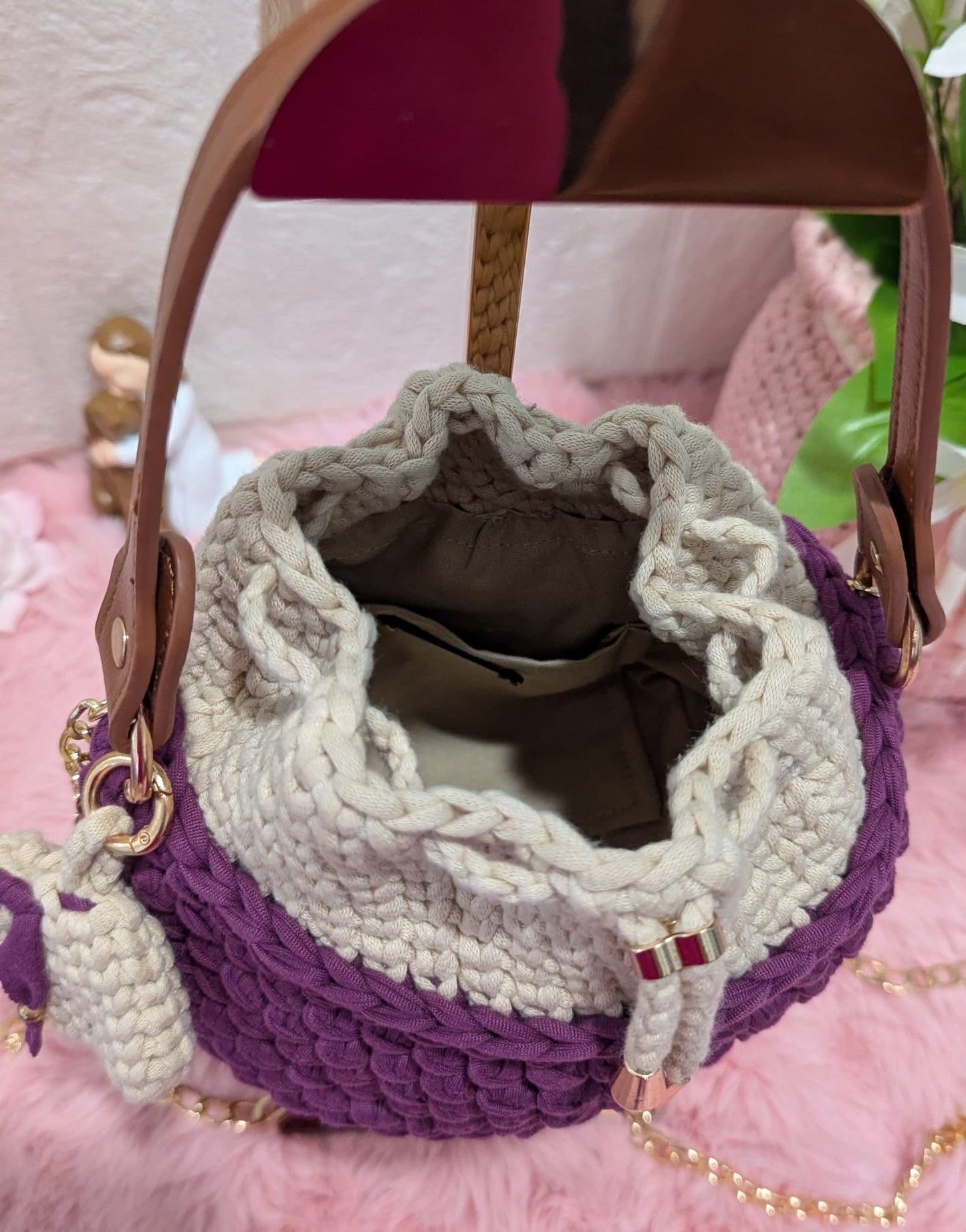 Handmade purple-cream crochet bag