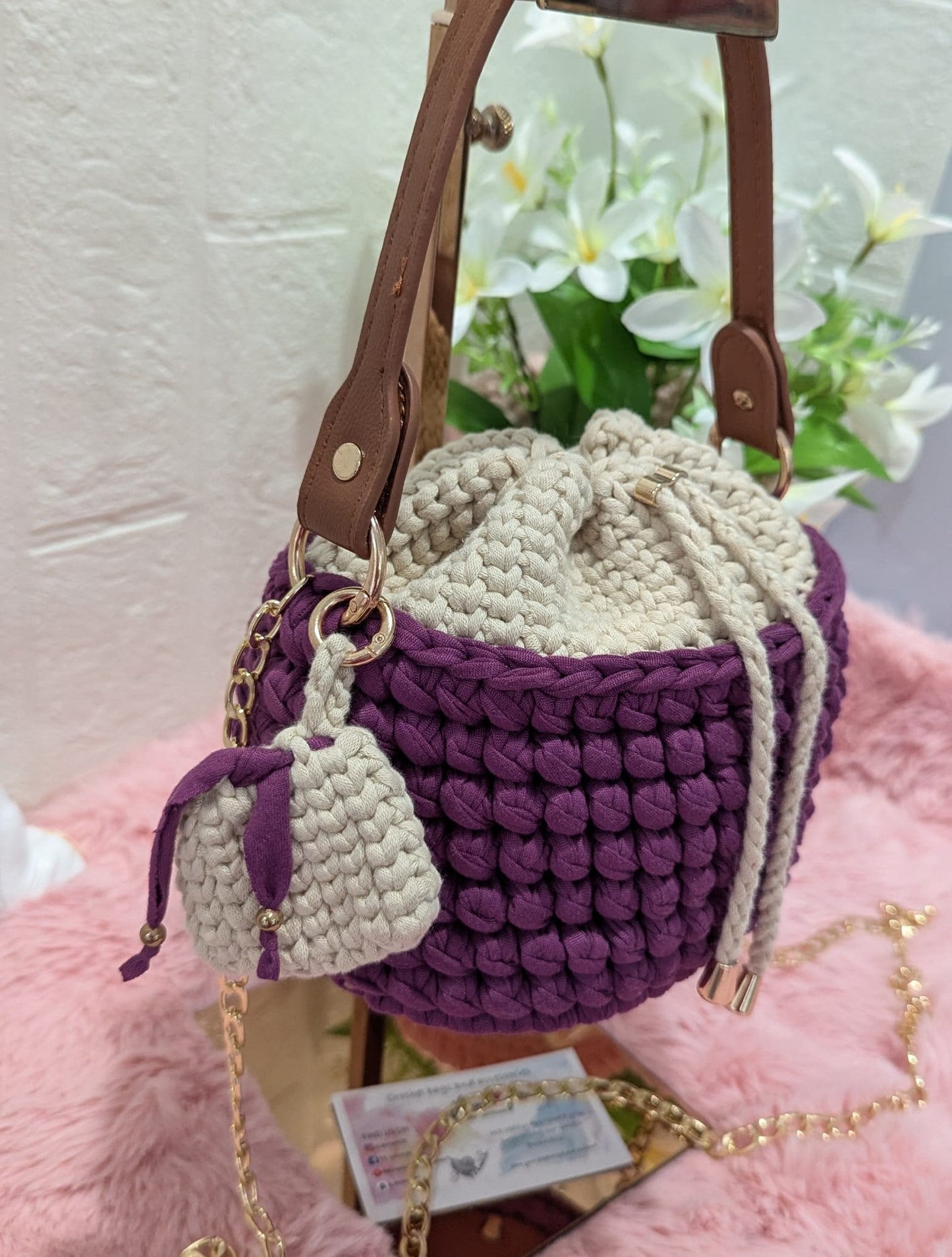 Handmade purple-cream crochet bag