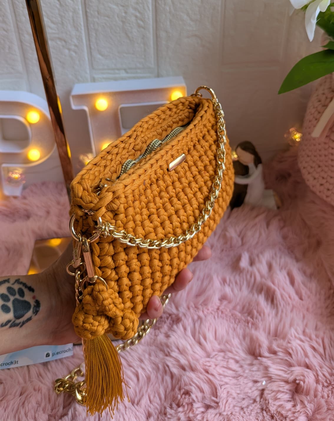 Handmade mustard crochet bag