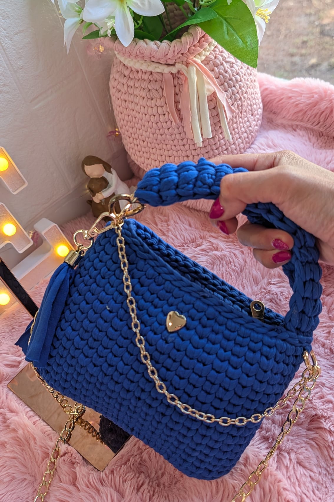 Handmade blue crochet bag