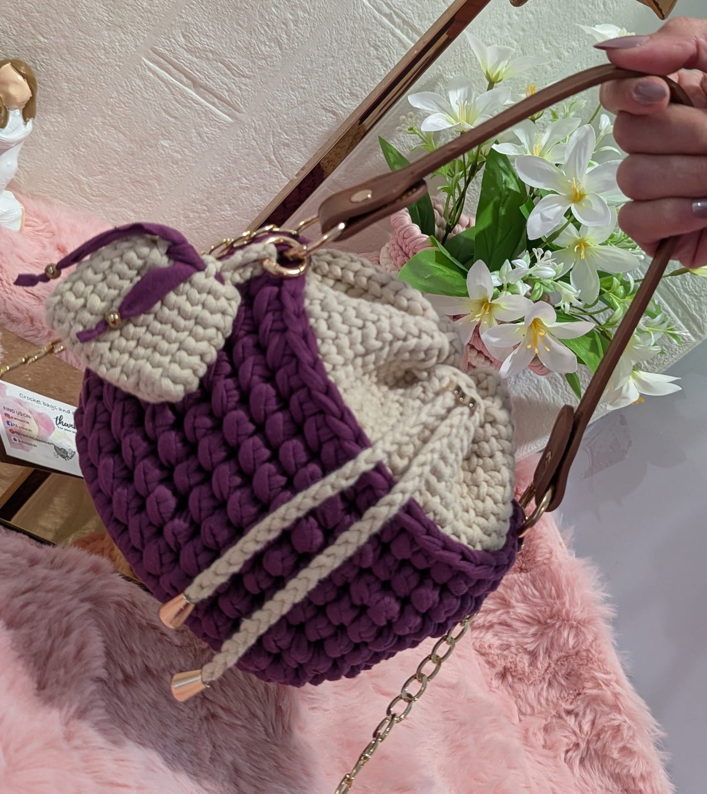Handmade purple-cream crochet bag