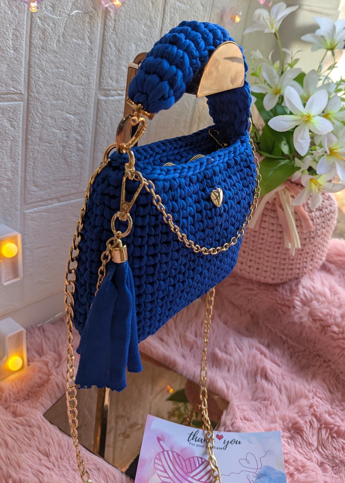 Handmade blue crochet bag