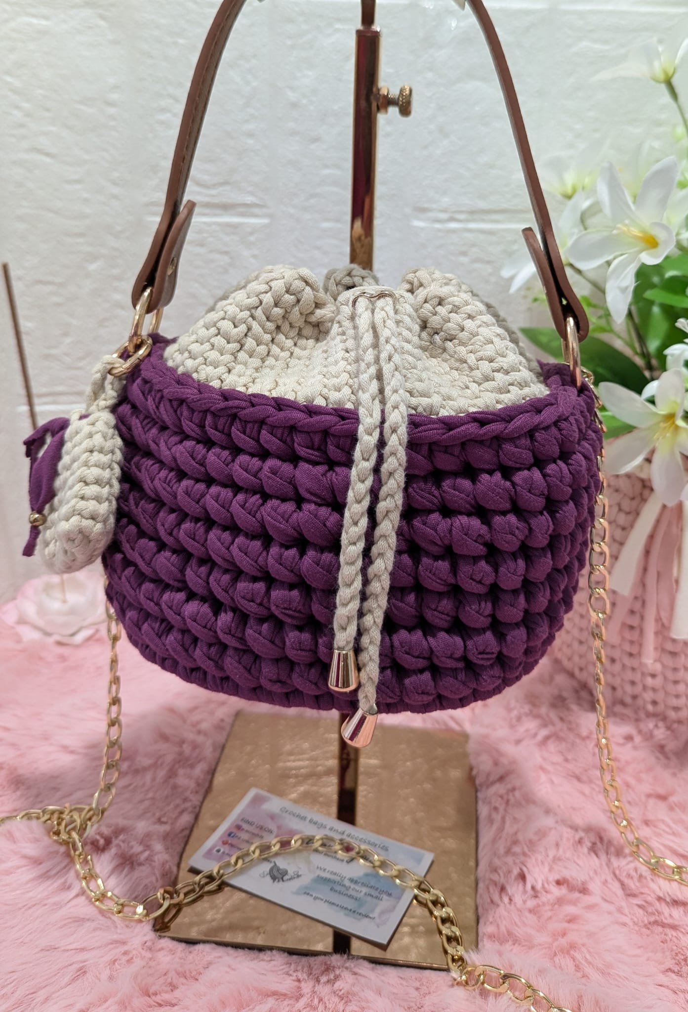 Handmade purple-cream crochet bag