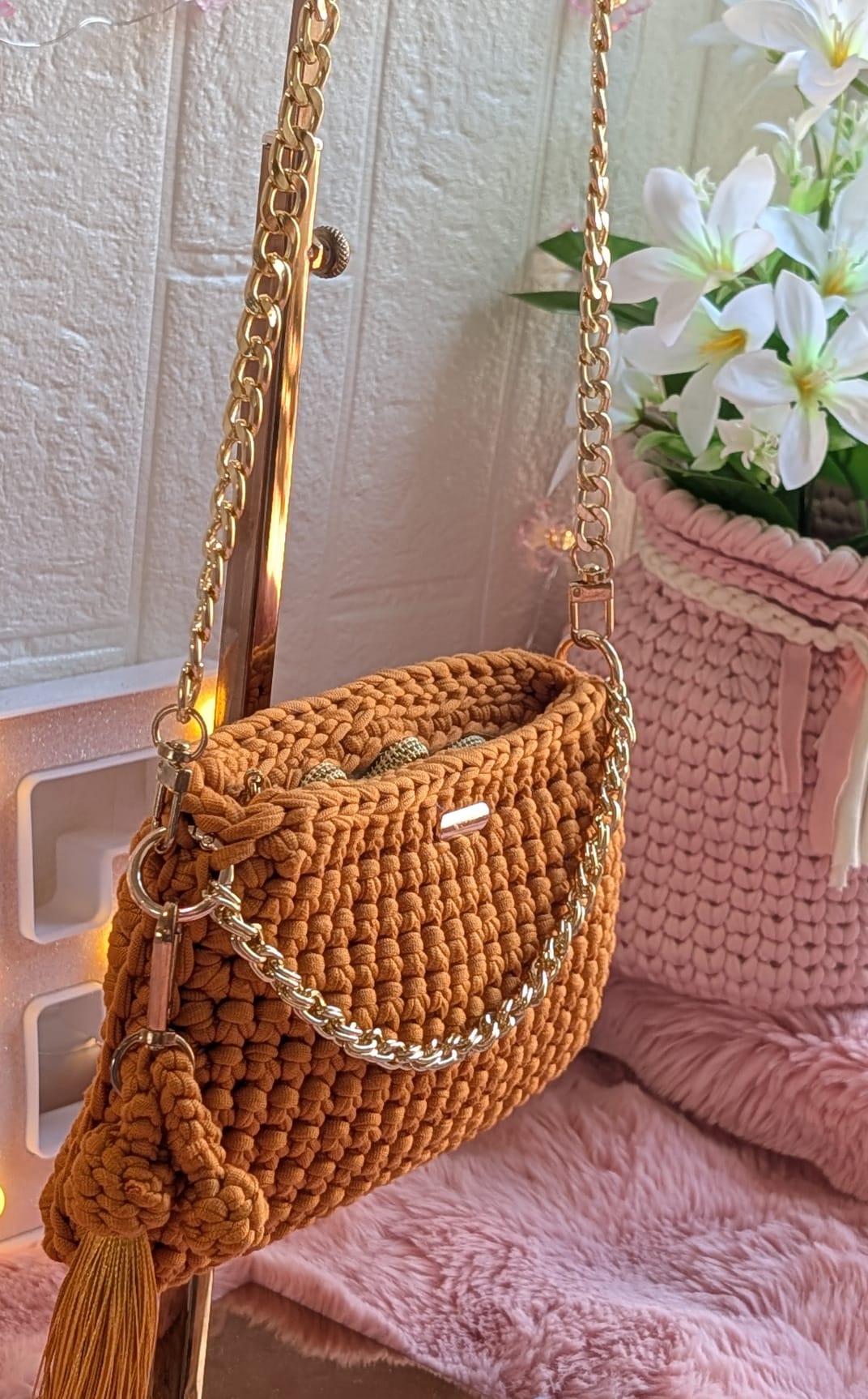 Handmade mustard crochet bag
