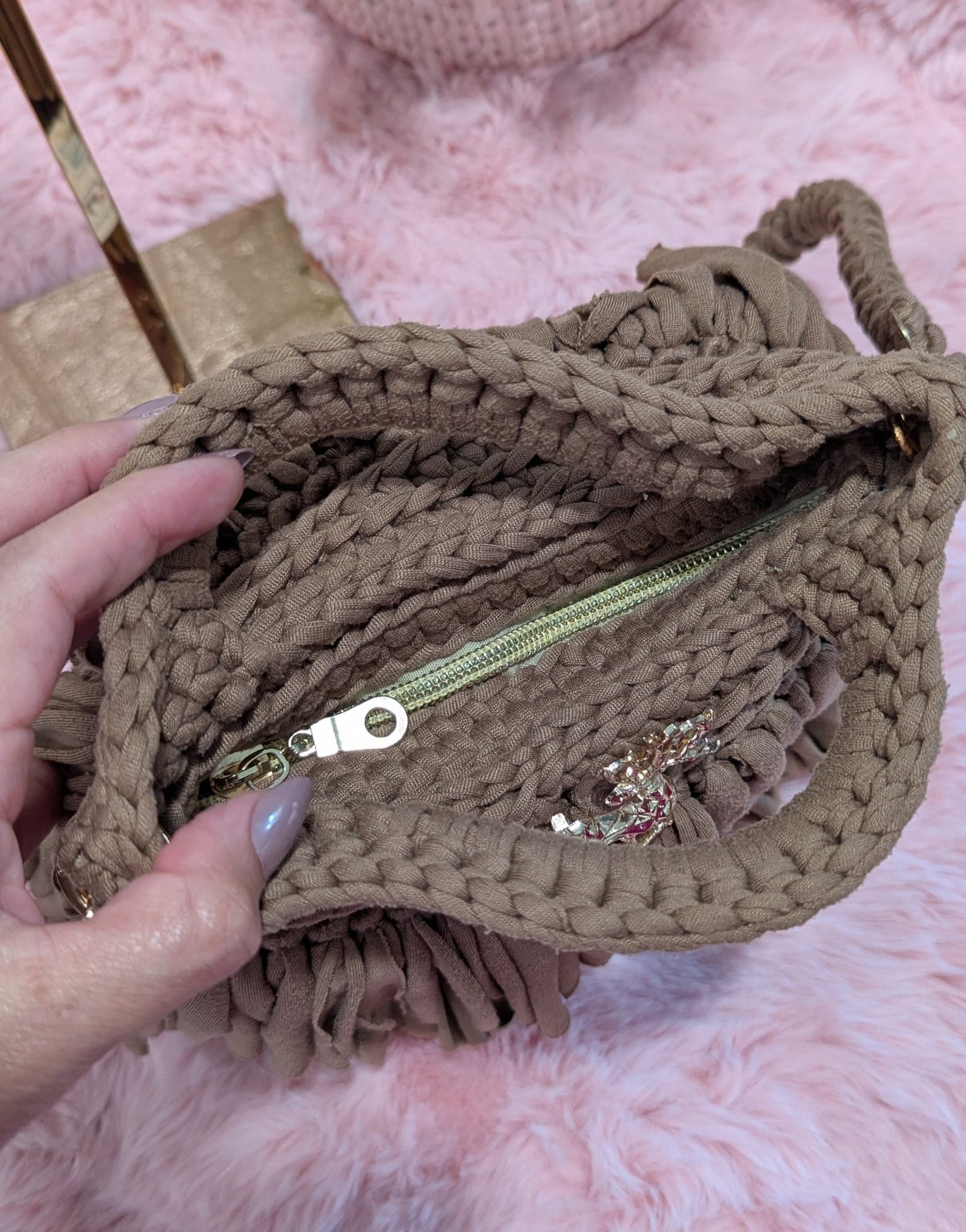 Handmade brown crochet bag