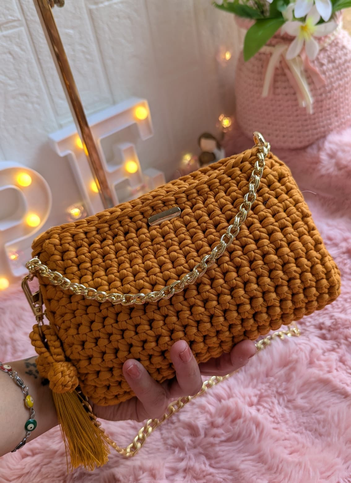Handmade mustard crochet bag