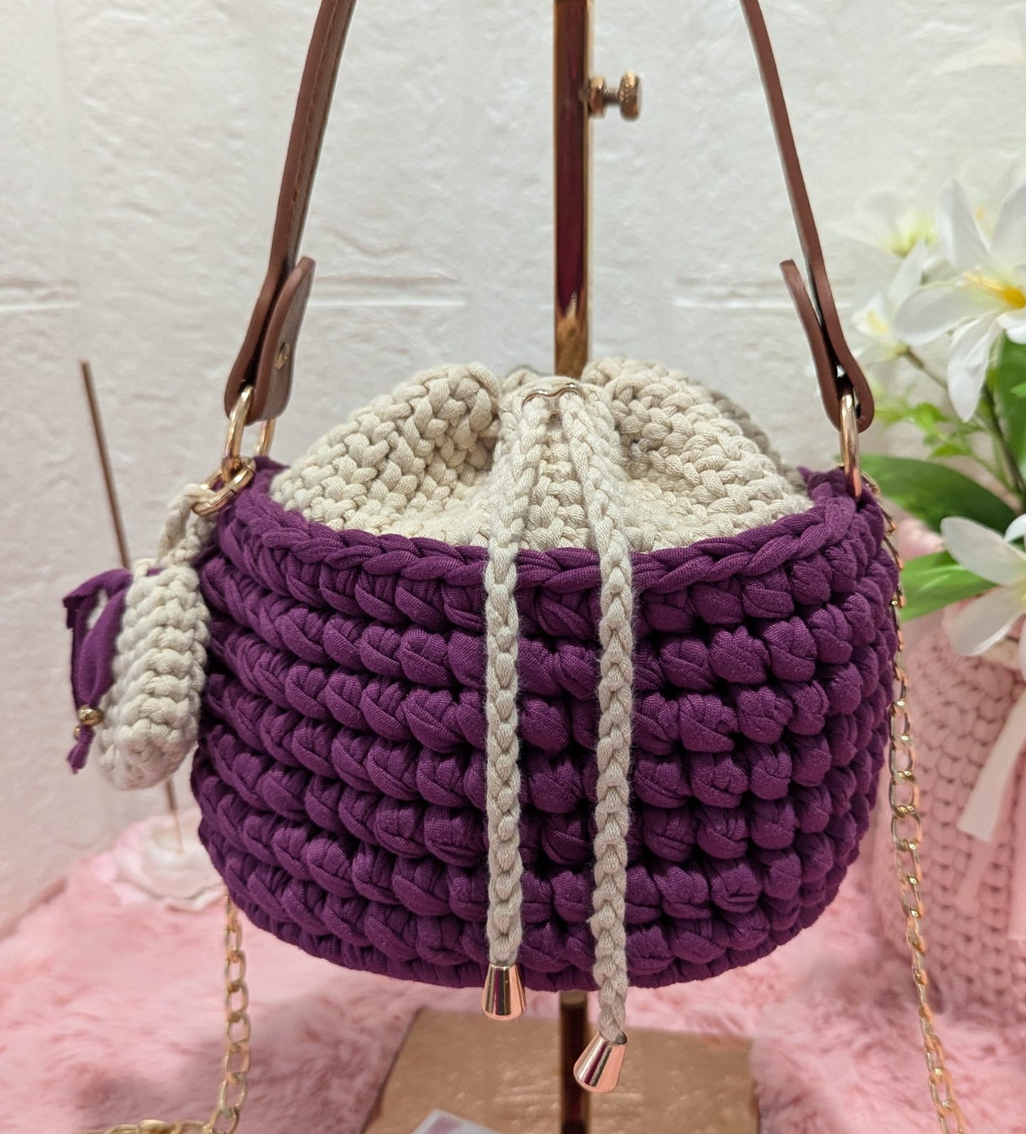 Handmade purple-cream crochet bag